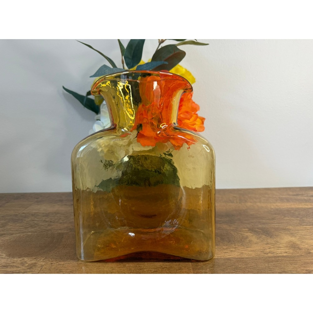 Vintage Blenko Amber Glass Double Spout Water Bottle Carafe MCM Pitcher Retro